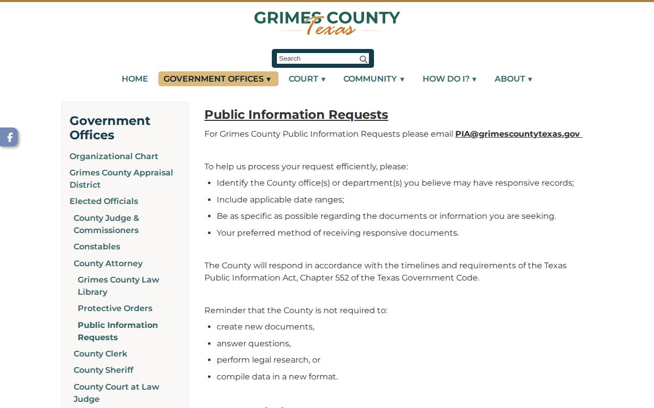 Grimes County released inmate public information request page
