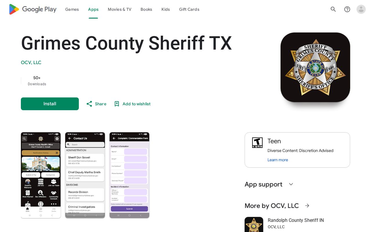 Official Grimes County Sheriff app listing with no verified 24-hour release module