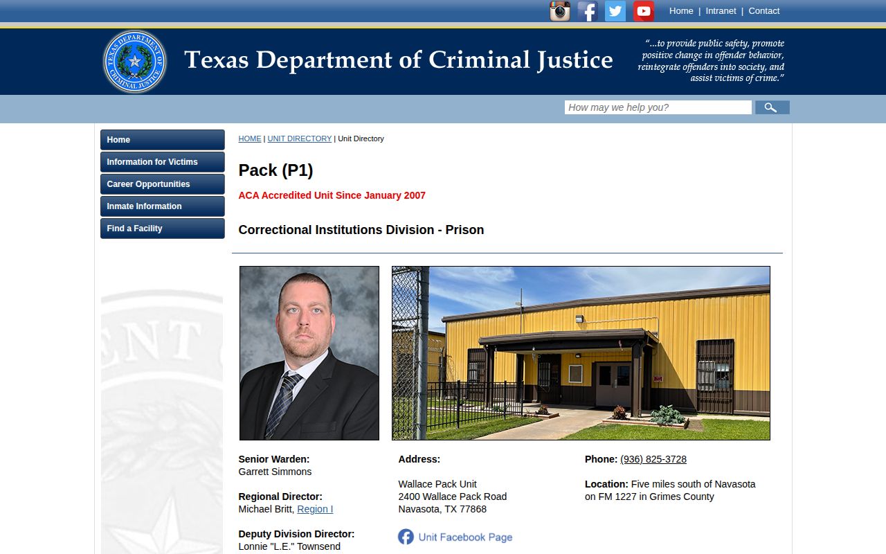 Official Wallace Pack Unit profile for offender release contact